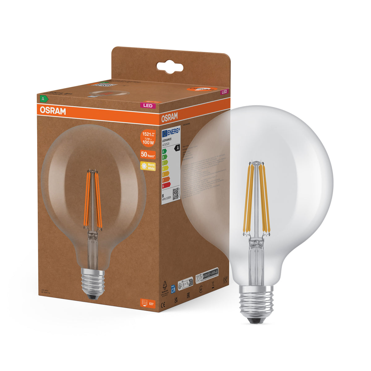 LÁMPARAS LED DE OSRAM, CLASE DE EFICIENCIA ENERGÉTICA A, FILAMENTO CLÁSICO Globe , lámpara LED, cristal sin plomo, transparente, 7,2 W, 1521 lm, blanco cálido, clase de eficiencia energética: A