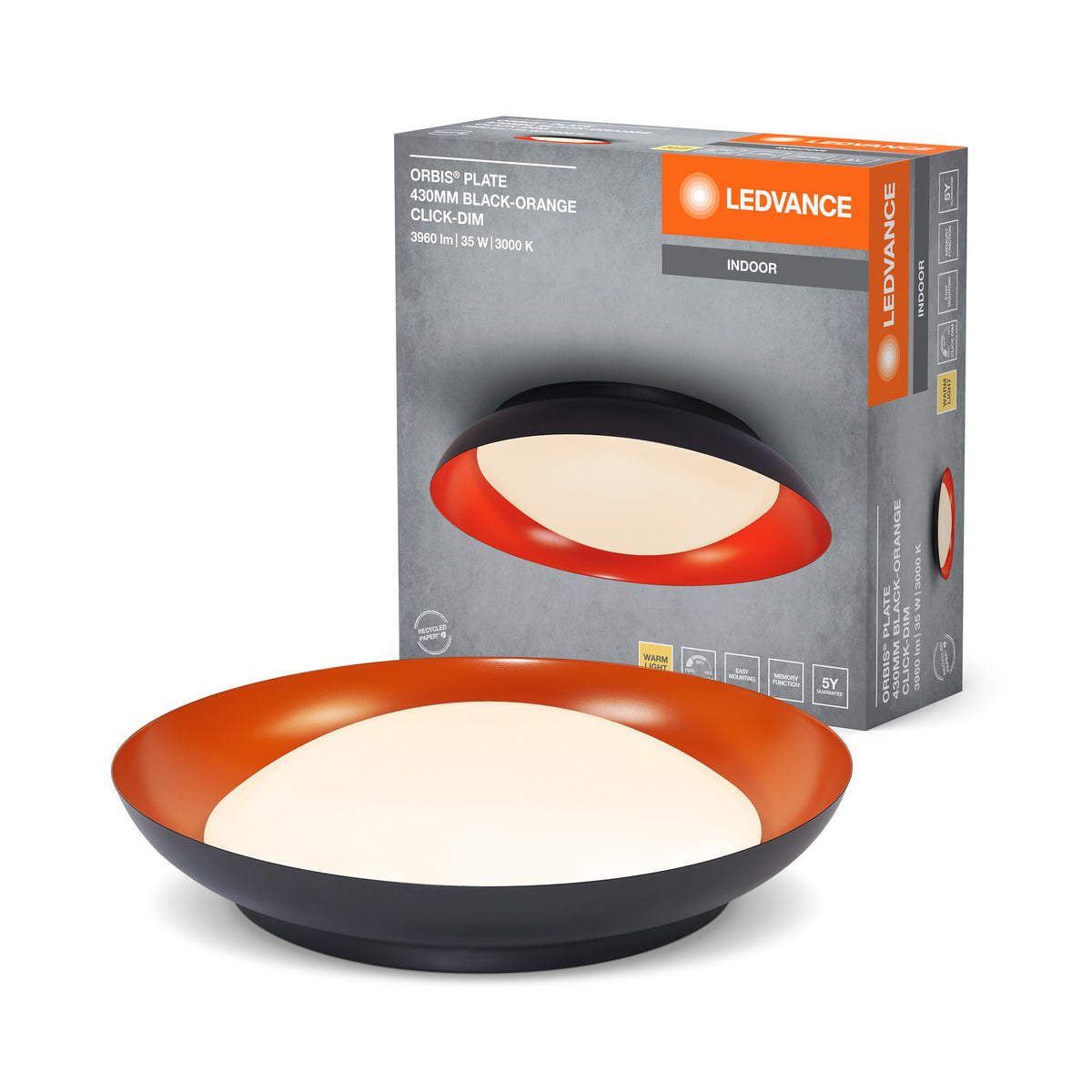 LEDVANCE Lámpara de techo LED Orbis Plate, negro y naranja, 35 W, 1700 lm, 3000 K, 430 mm, 830, luz blanca cálida y agradable, regulable en 3 niveles con un simple toque, protección IP20, tornillos y tacos de montaje incluidos