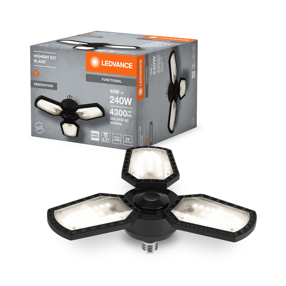 LEDVANCE Highbay Blade en negro, de aluminio, con alas de iluminación ajustables, ofrece 40 W o 4300 lm en blanco neutro a 4000 K, rosca E27, 337,5 mm de diámetro, IP20