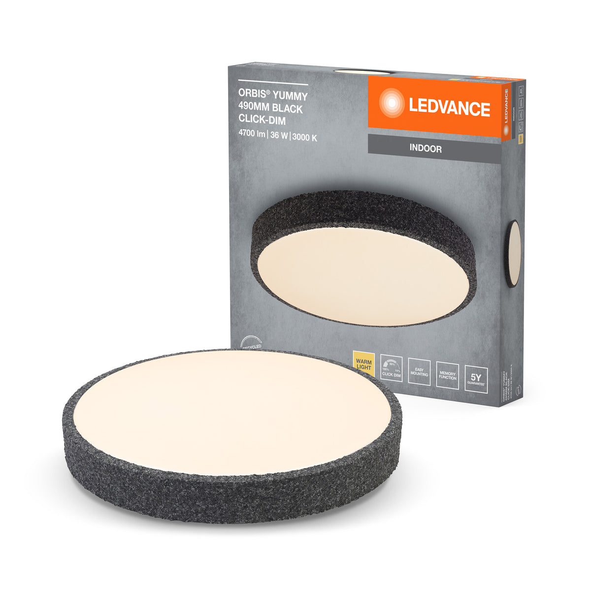 LEDVANCE Lámpara de techo LED ORBIS Yummy con aro metálico, negra, 36 W, 2600 lm, 3000 K, 490 mm, 830, blanco cálido agradable, regulable con un clic, protección IP20, tornillos y tacos de montaje incluidos