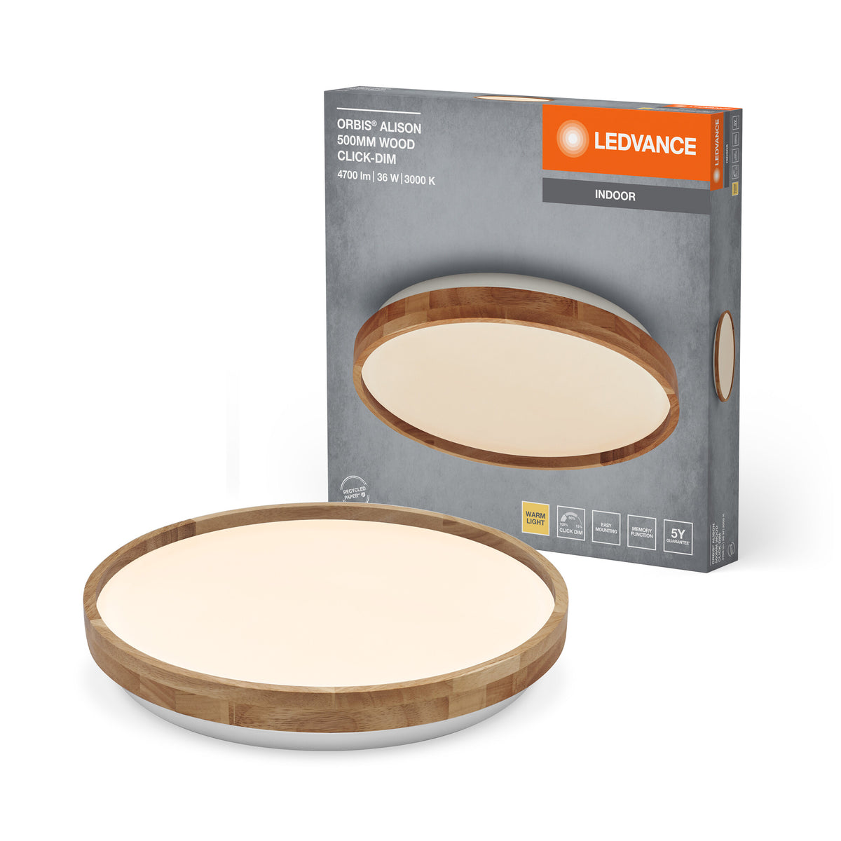 LEDVANCE ORBIS Alison: aplique y lámpara de techo LED, 36 W, 2600 lm, 3000 K, 500 mm de diámetro, luz blanca cálida y agradable, regulable con un clic, protección IP20, tornillos y tacos de montaje incluidos