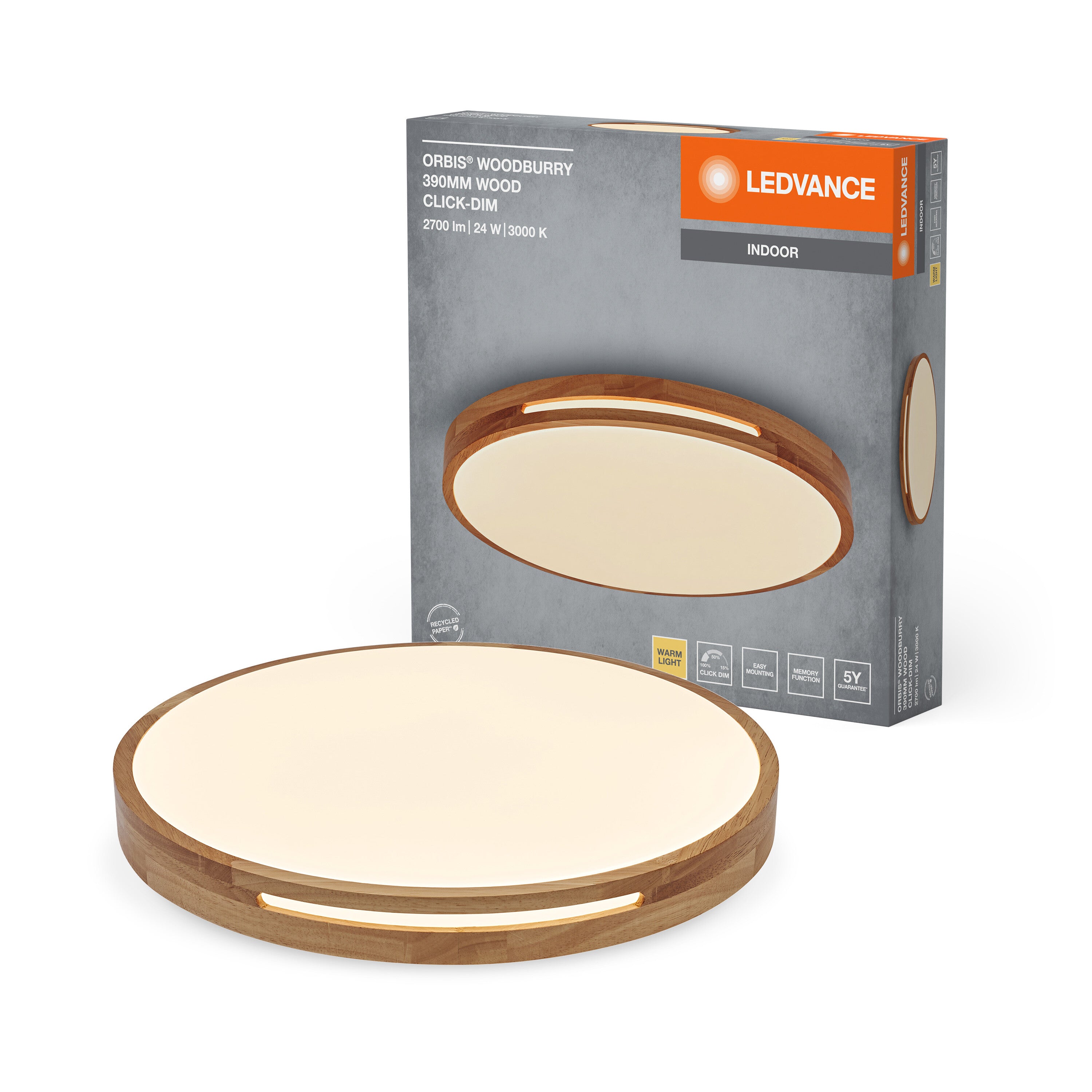 LEDVANCE ORBIS Woodburry Deckenleuchte dimmbar Click-DIM 24W 390mm Holz-LEDVANCE Shop