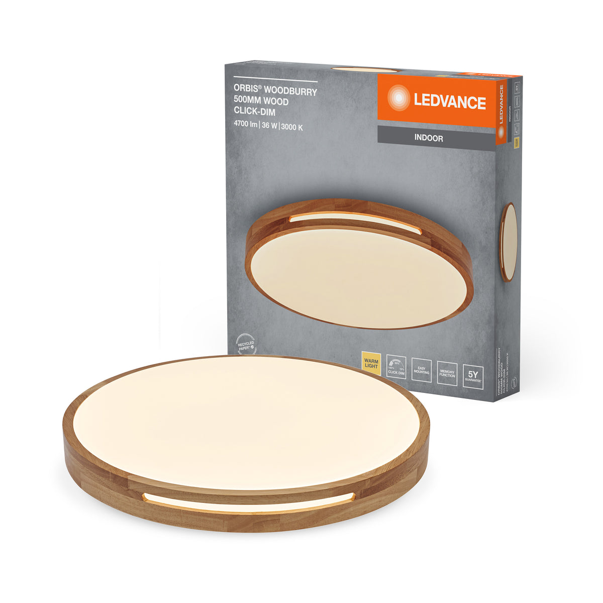 LEDVANCE ORBIS Woodburry Deckenleuchte dimmbar Click-DIM 36W 500mm Holz-LEDVANCE Shop