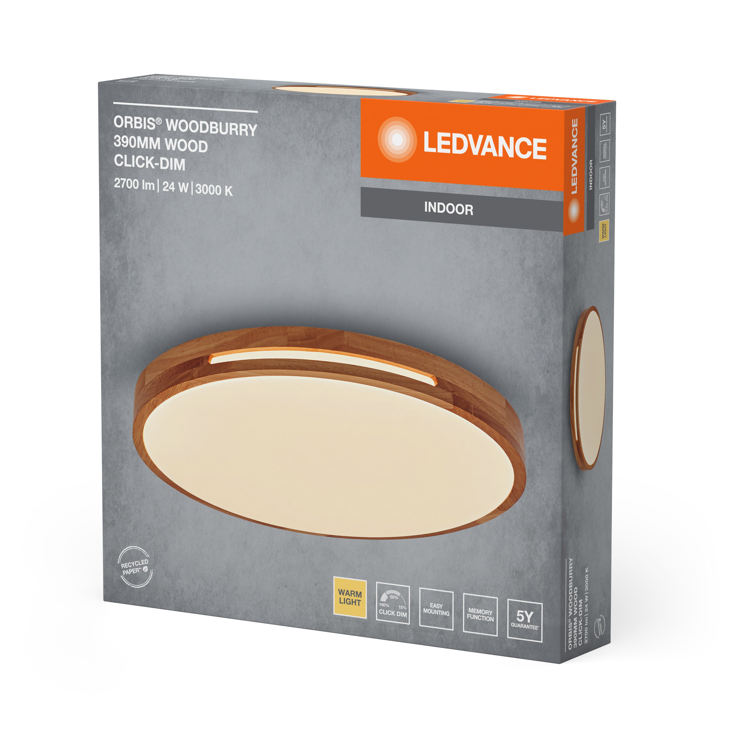 LEDVANCE ORBIS Woodburry Deckenleuchte dimmbar Click-DIM 24W 390mm Holz-LEDVANCE Shop
