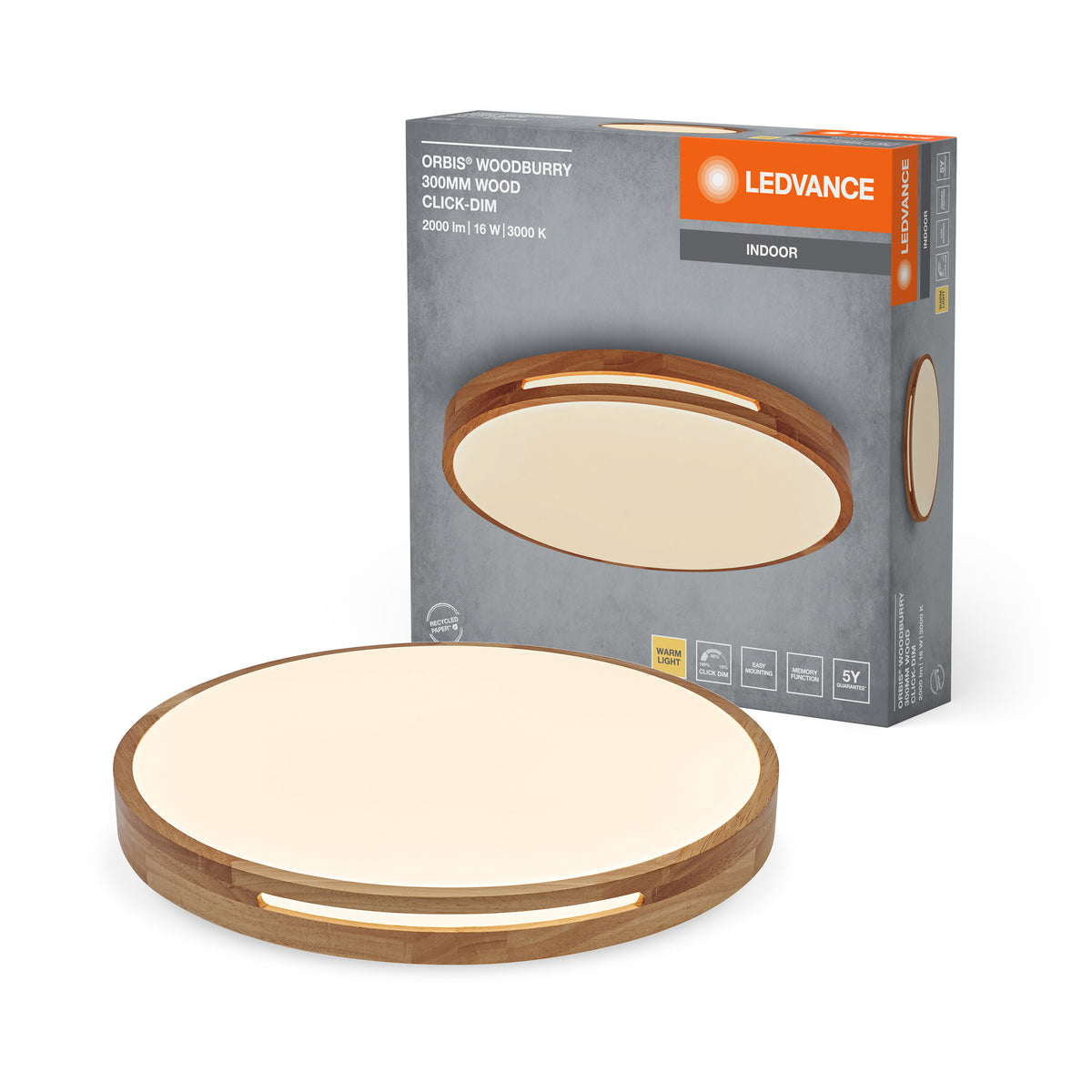 LEDVANCE ORBIS Woodburry Deckenleuchte dimmbar Click-DIM 16W 300mm Holz-LEDVANCE Shop