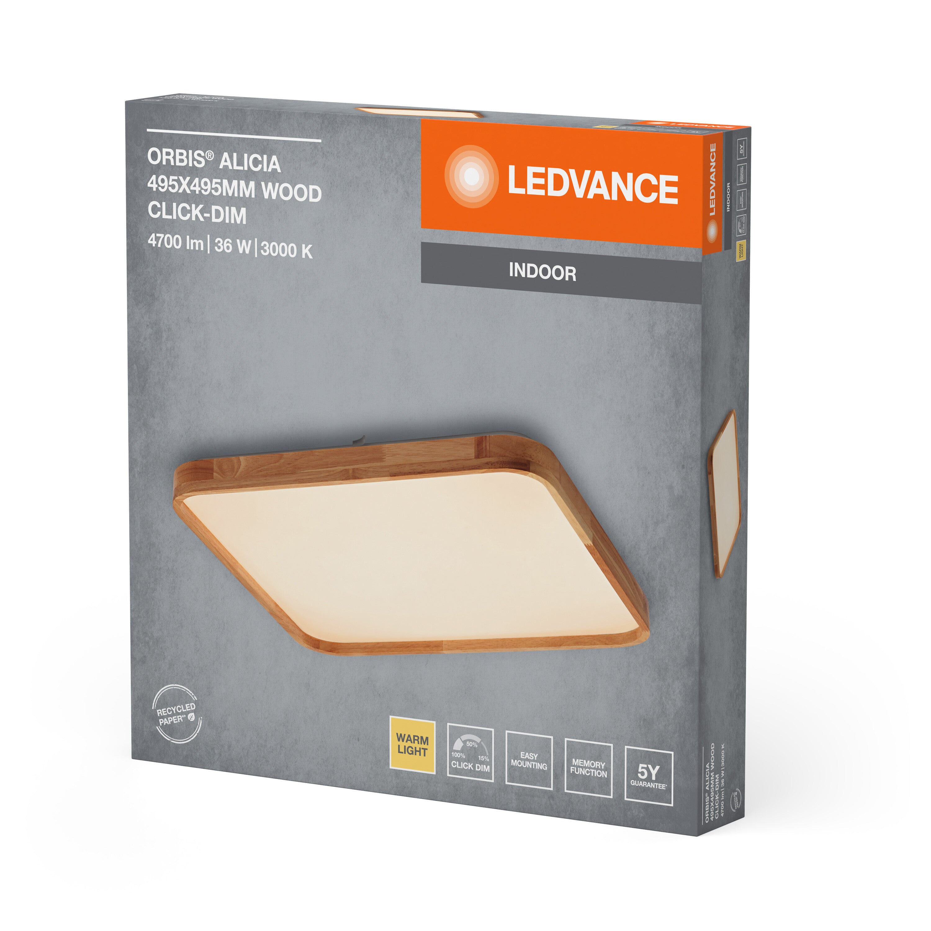 LEDVANCE ORBIS Alicia Deckenleuchte dimmbar Click-DIM 36W 495x495mm Holzdekor-LEDVANCE Shop