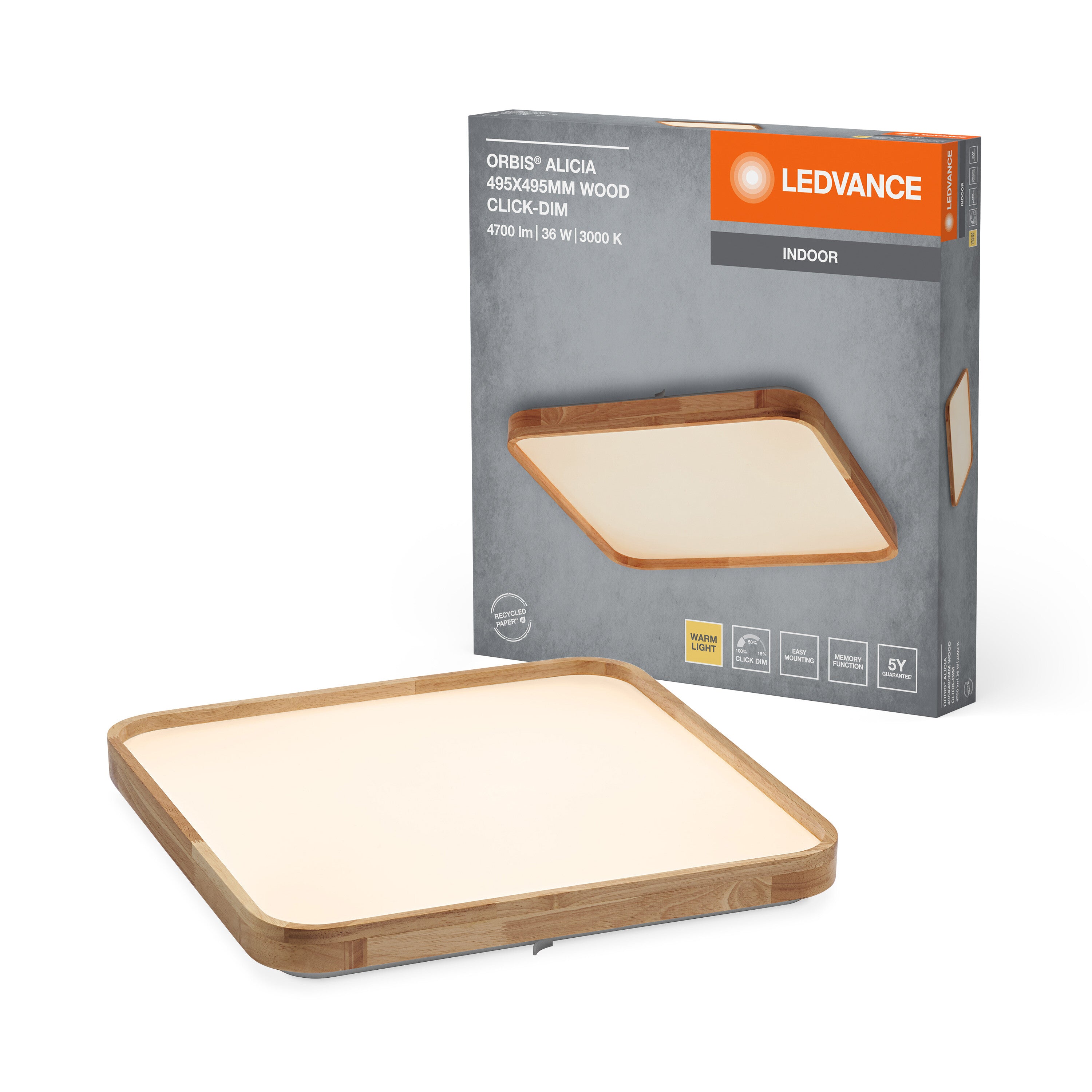 LEDVANCE ORBIS Alicia Deckenleuchte dimmbar Click-DIM 36W 495x495mm Holzdekor-LEDVANCE Shop