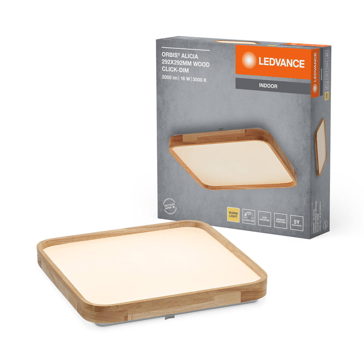 LEDVANCE Lámpara de techo LED ORBIS Alicia con acabado en madera, 16 W, 1000 lm, 3000 K, 292 x 292 mm, luz blanca cálida y agradable, regulable con un clic, protección IP20, tornillos y tacos de montaje incluidos
