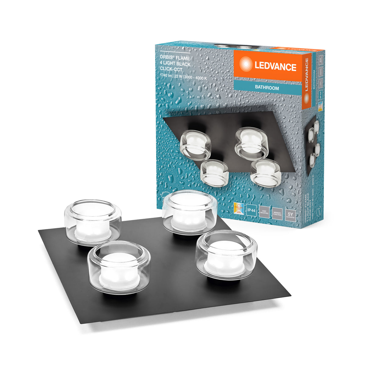 LEDVANCE ORBIS Flame: aplique y plafón LED, negro, 22 W, 1400 lm, 3000/4000 K, temperatura de color ajustable mediante interruptor de pared (blanco frío/blanco cálido), protección IP44 contra cuerpos extraños y salpicaduras de agua