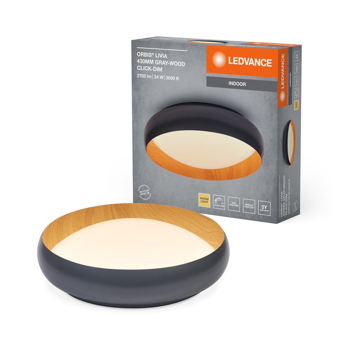 LEDVANCE Lámpara de techo LED ORBIS Livia con aro metálico, gris/acabado de madera, 24 W, 1200 lm, 3000 K, 430 mm, 830, luz blanca cálida y agradable, regulable en 3 niveles con un simple clic, IP20, tornillos y tacos incluidos