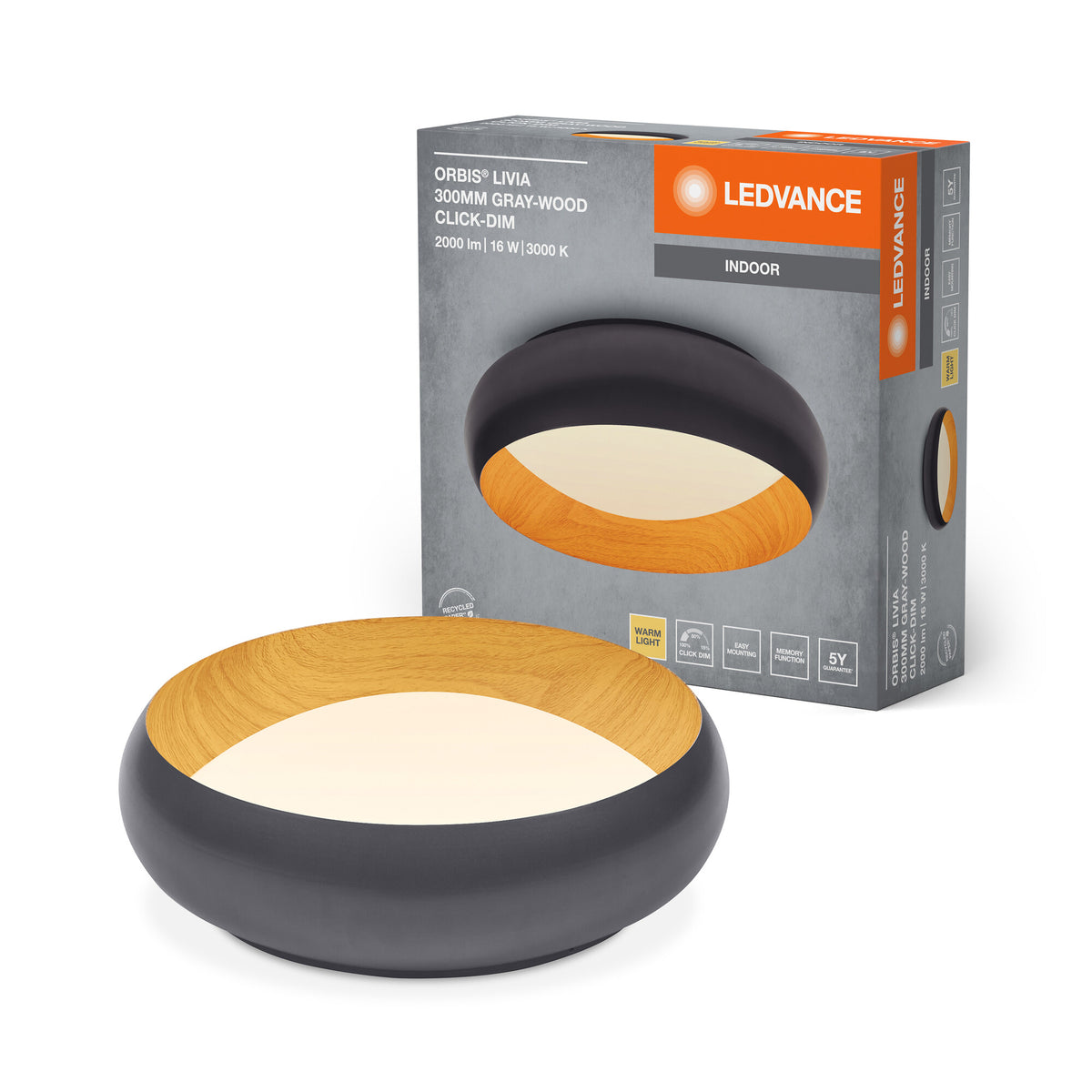 LEDVANCE Lámpara de techo LED ORBIS Livia con aro metálico, gris/acabado madera, 16 W, 750 lm, 3000 K, 300 mm, 830, luz blanca cálida y agradable, regulable en 3 niveles con un simple clic, IP20, tornillos y tacos incluidos