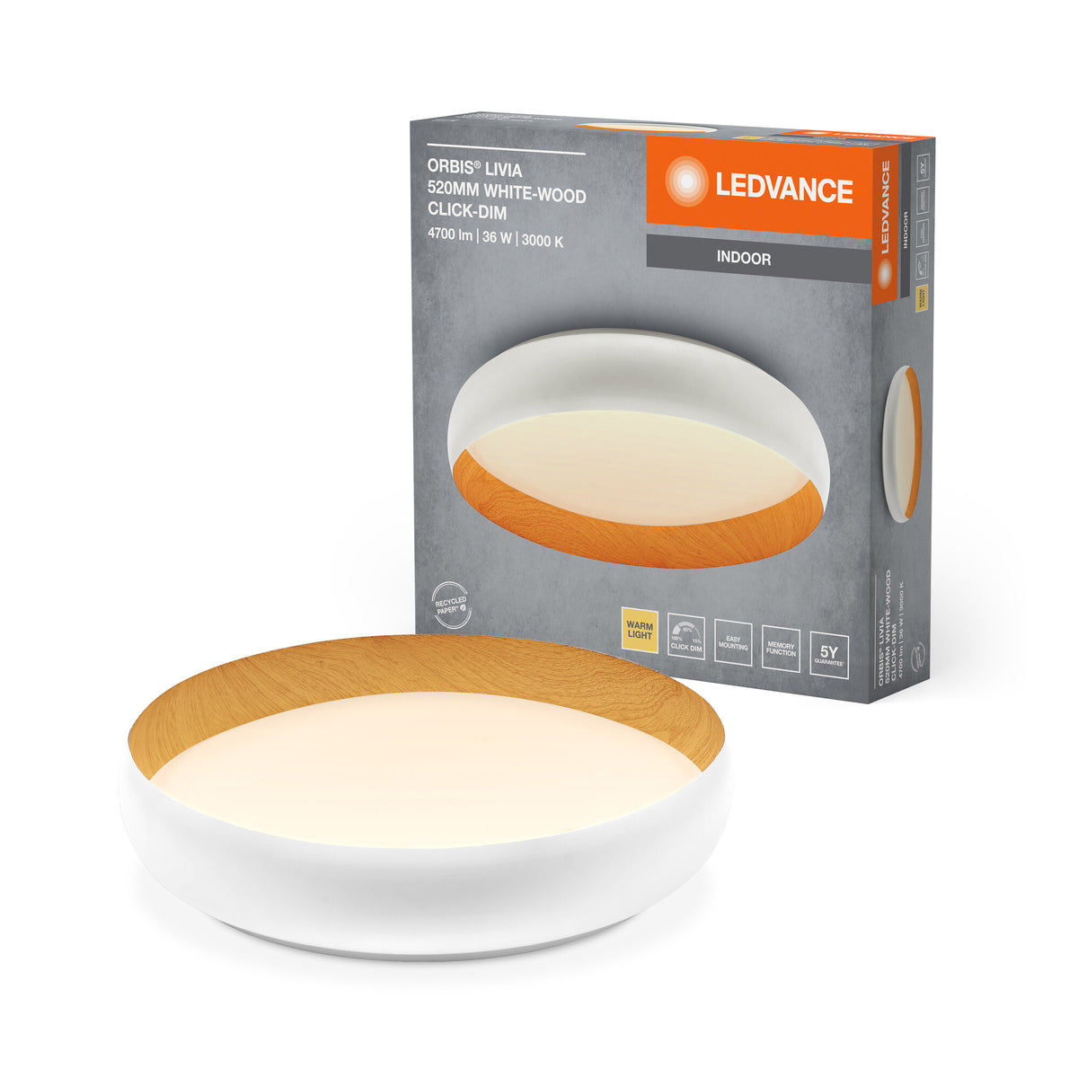 LEDVANCE ORBIS Livia LED-Deckenleuchte mit Metallring, weiß/Holzdekor, 36W, 2000lm, 3000K, 520mm, 830 freundliches Warmweiß, durch Klicken in 3-Stufen dimmbar, IP20, Schrauben/Dübel inklusive