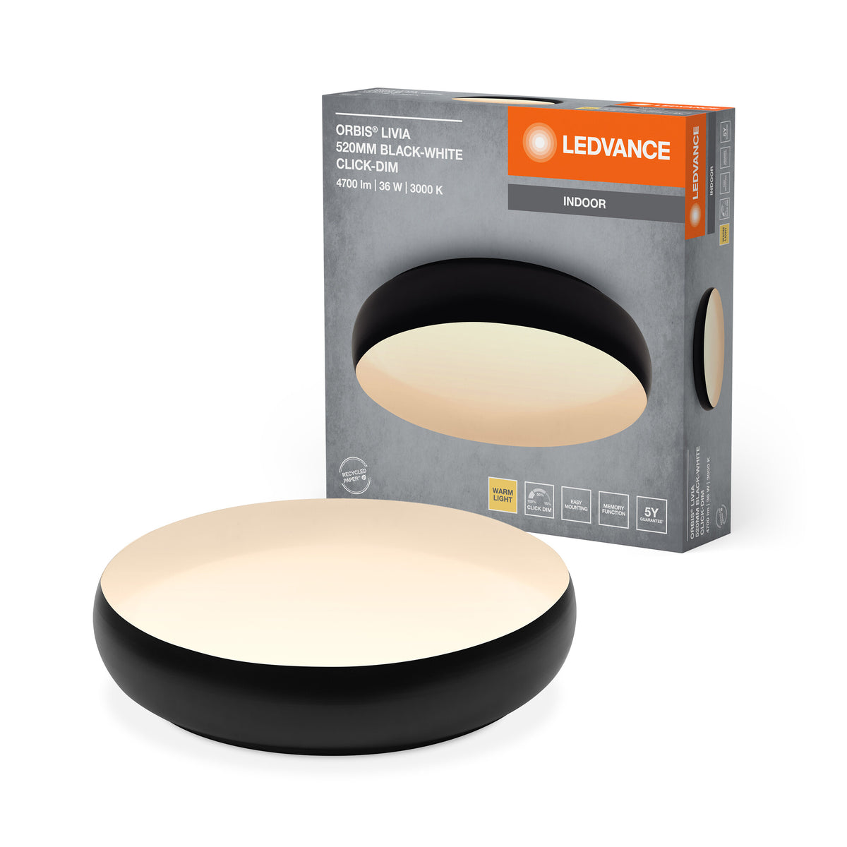 LEDVANCE Lámpara de techo LED ORBIS Livia con aro metálico, blanco y negro, 36 W, 2400 lm, 3000 K, 520 mm, 830, luz blanca cálida y agradable, regulable en 3 niveles con un simple clic, IP20, tornillos y tacos de montaje incluidos