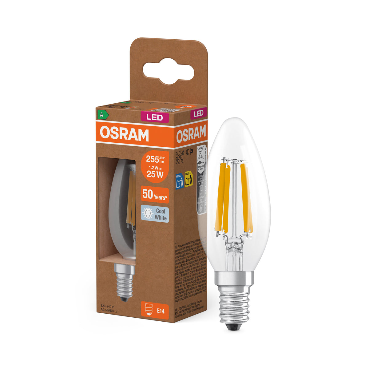 OSRAM LED CLASSIC B ENERGY EFFICIENCY A , LED-Lampe, Bleifreies Glas, Klar, 1,2 W, (ex 25 W), 255 lm, Kaltweiß, 4000 K, Energieeffizienzklasse: A, CRI 80
