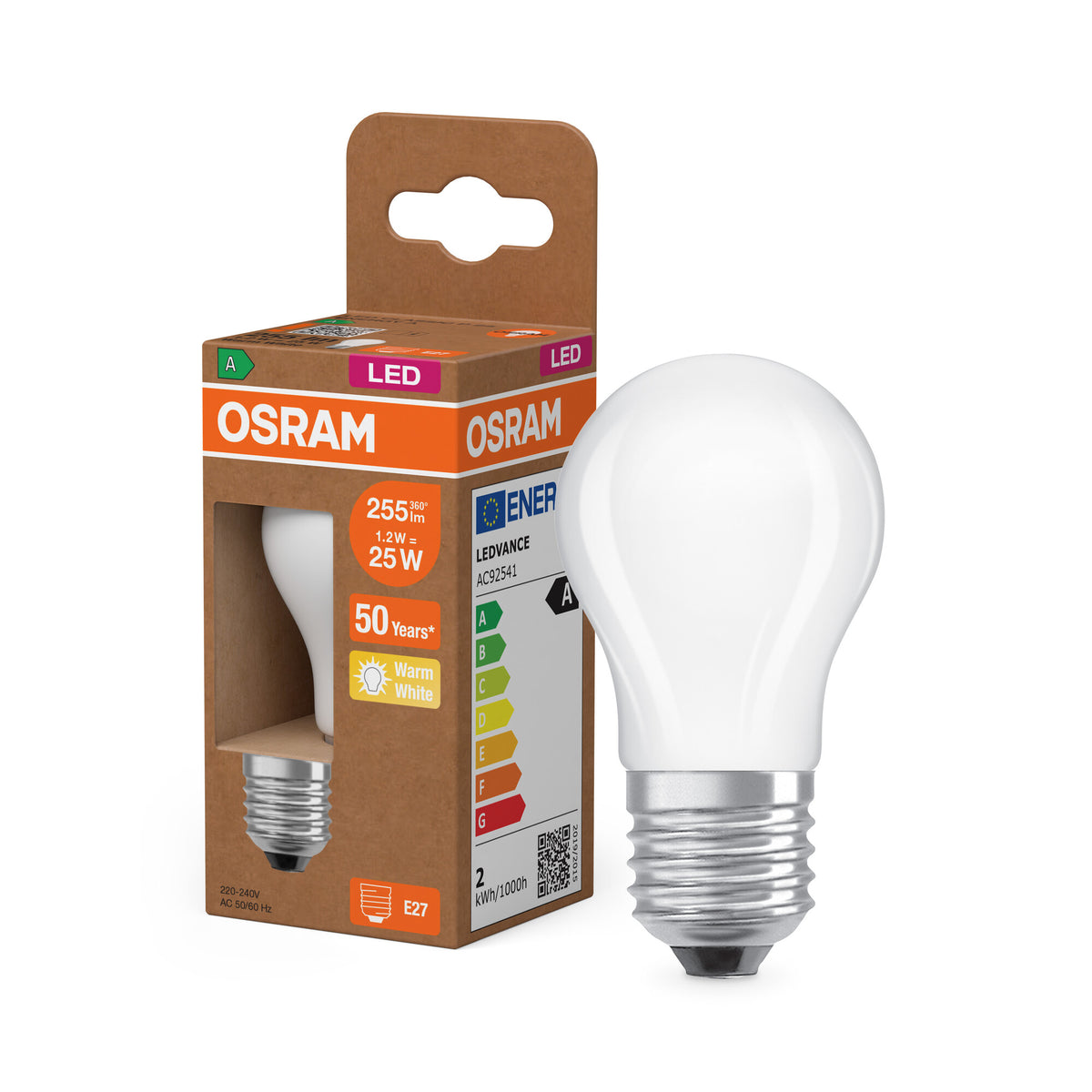OSRAM LED CLASSIC P, eficiencia energética A, lámpara LED, cristal sin plomo, mate, 1,2 W, (equivalente a 25 W), 255 lm, blanco cálido, 2700 K, Clase de eficiencia energética: A, CRI 80