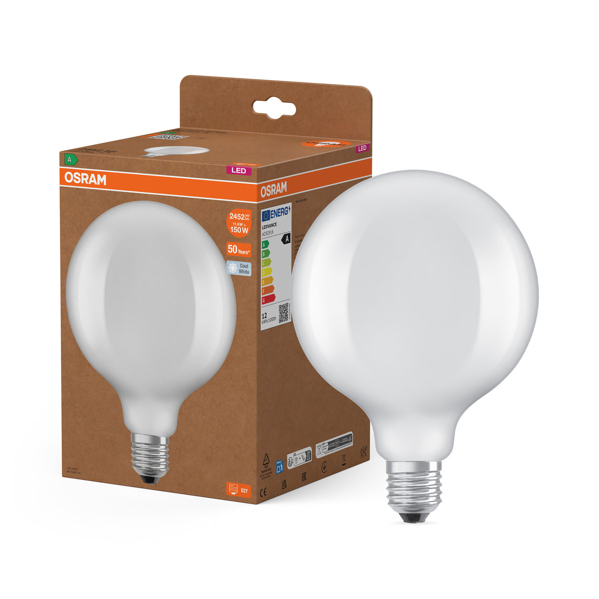 LÁMPARAS LED DE OSRAM, CLASE ENERGÉTICA A, EFICIENCIA ENERGÉTICA, FILAMENTO CLÁSICO Globe , Lámpara LED, cristal sin plomo, mate, 11,6 W, 2452 lm, blanco frío, clase de eficiencia energética: A