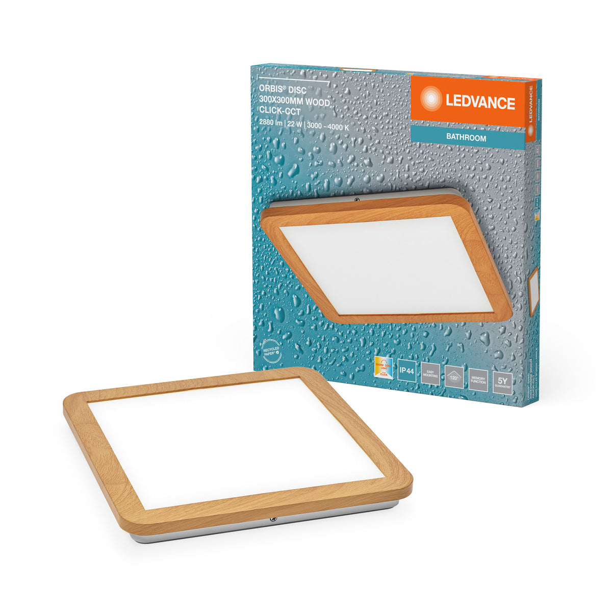 LEDVANCE Lámpara de pared/techo ORBIS Disc con LED, acabado en madera, 22 W, 1800 lm, 3000/4000 K, regulable mediante interruptor de pared con Click CCT, 30 x 30 cm, protección IP44 para el baño, tornillos y tacos incluidos