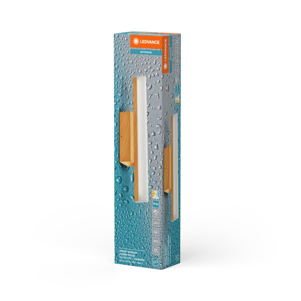 LEDVANCE Orbis Mirror Spiegelleuchte, Badezimmer, Click-CCT, 6.8W, 40cm, Holzdekor, IP44-LEDVANCE Shop