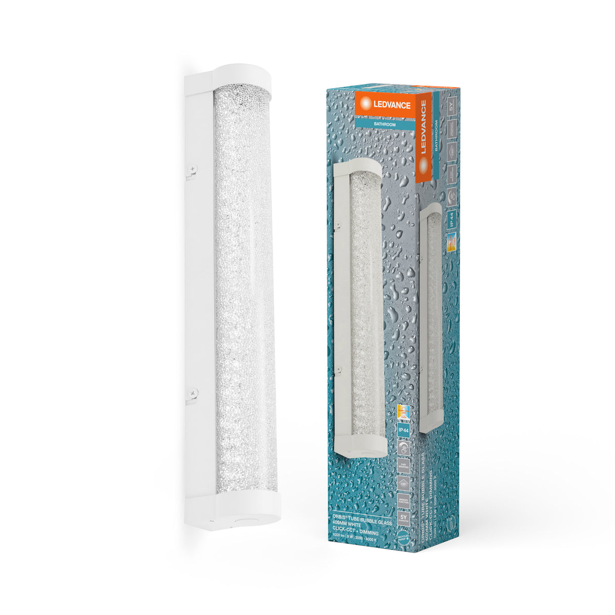 LEDVANCE ORBIS Tube Spiegel-/Wandleuchte mit LED, weiß, Glas mit Blaseneffekt, 9W, 900lm, dimmbar, 3000/4000K über Wandschalter einstellbar, 40cm Durchmesser, IP44 Schutz vor Fremdkörpern/Spritzwasser