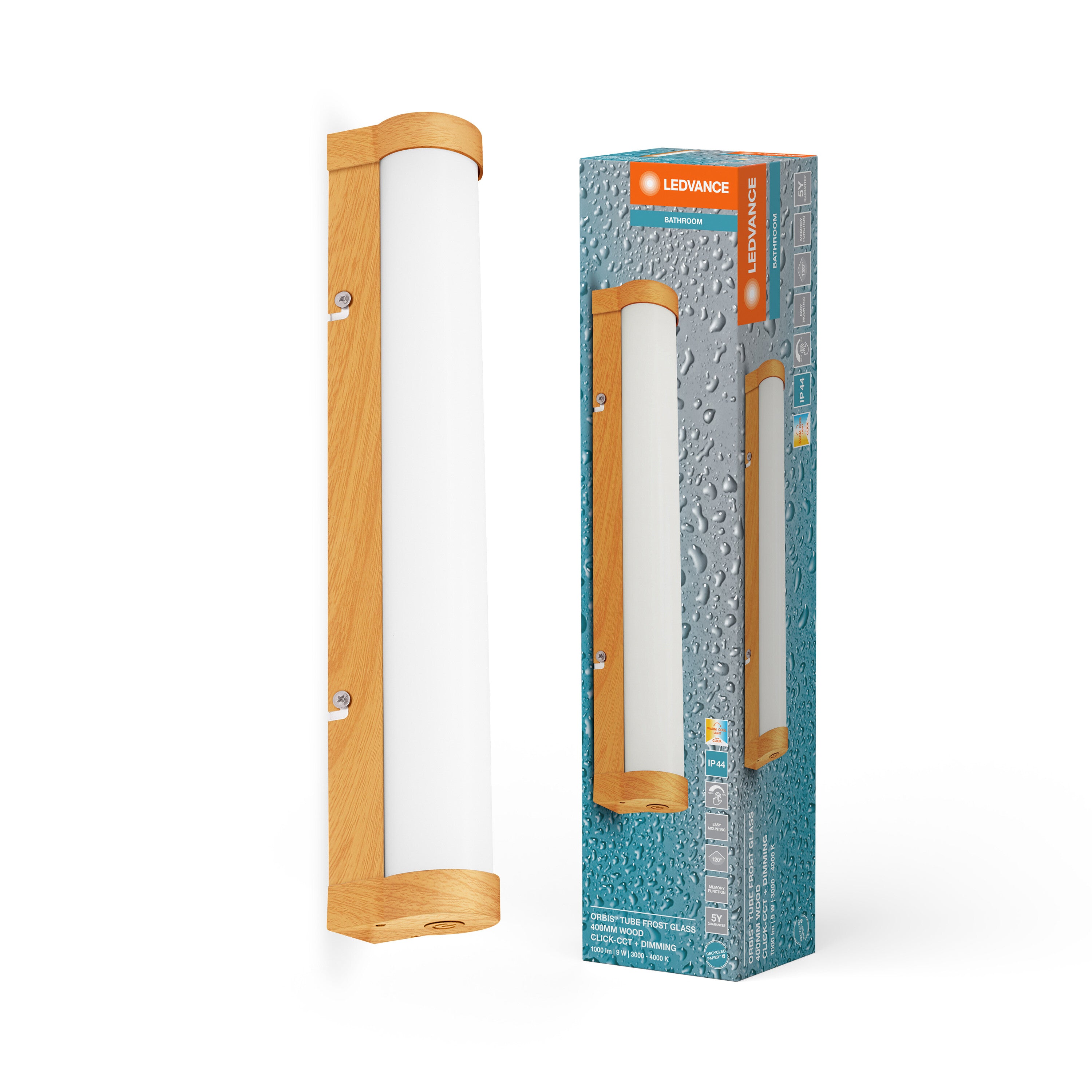 LEDVANCE ORBIS Tube Badezimmer Spiegel-/Wandleuchte Frost-Glas 9W 40cm Holzdekor-LEDVANCE Shop
