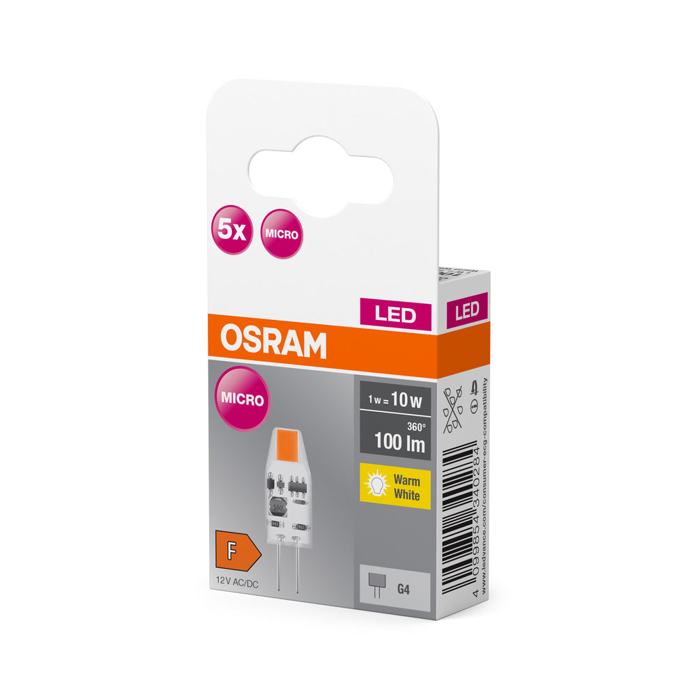 OSRAM LED Stiftsockellampe PIN Lampe Warmweiß Klar, 12 V, 1 W, 27000 K, G4 5er Pack-LEDVANCE Shop