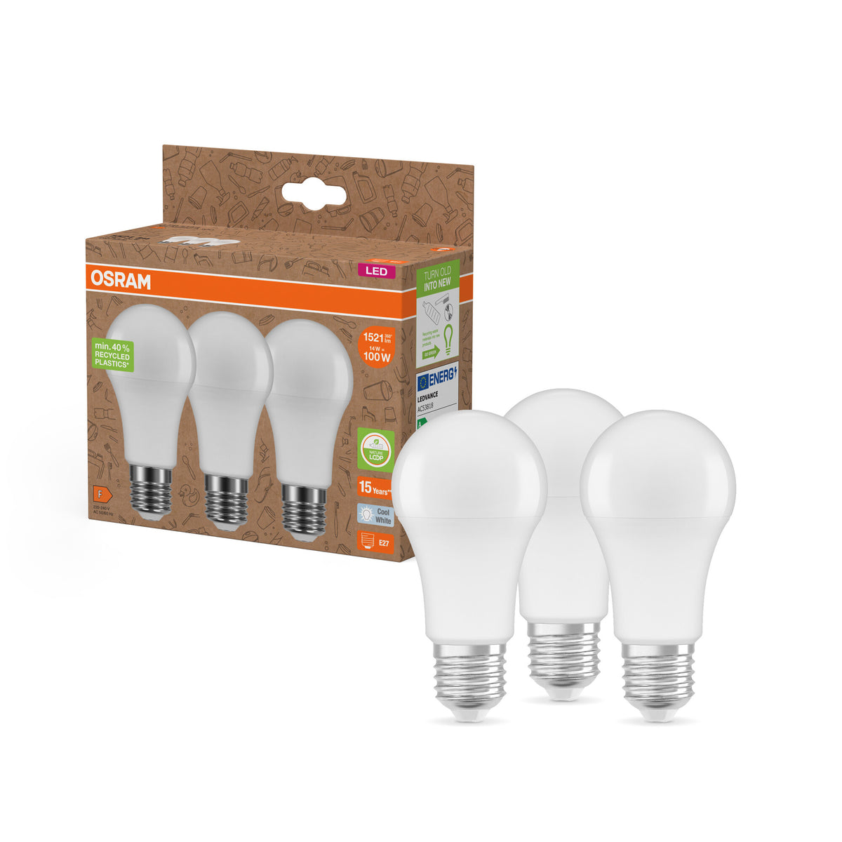 LÁMPARAS LED PCR DE OSRAM CON CASQUILLO CLÁSICO A en forma de A, lámpara LED, mate, 14 W, 1521 lm, 4000 K, CRI ≥80
