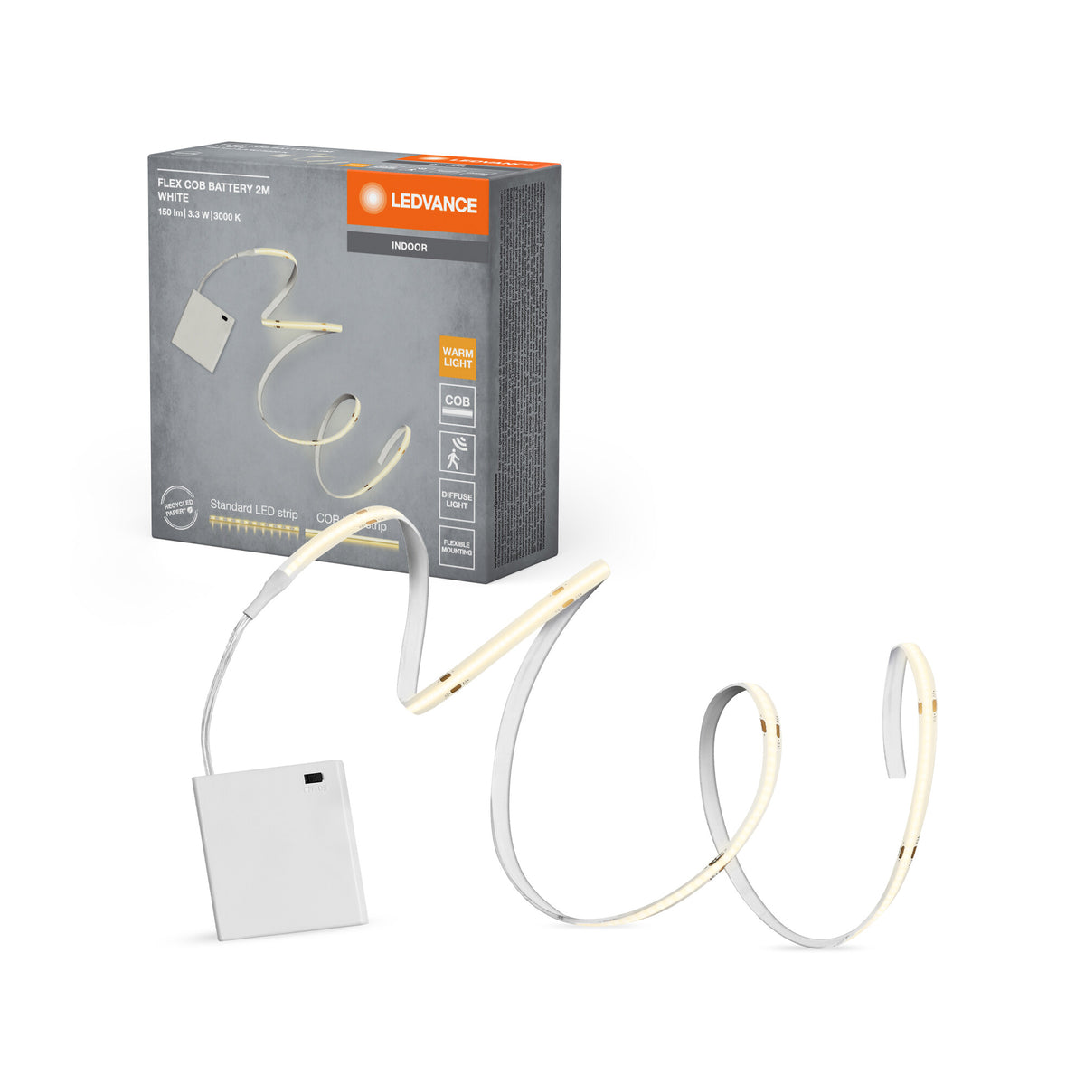 LEDVANCE FLEX: tiras decorativas COB a pilas con luz blanca cálida, 2 m, 3,3 W, 150 lm, 3000 K, 830 blanco cálido, IP20, amarillo, silicona, bombilla no sustituible