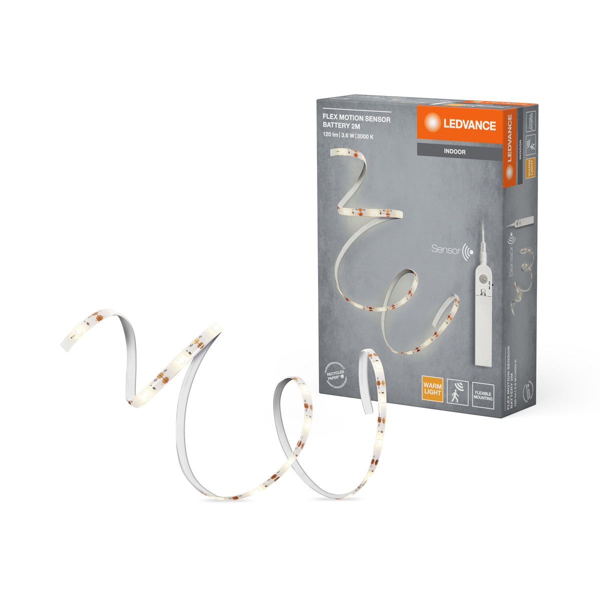 LEDVANCE FLEX MOTION SENSOR: tira LED alimentada por pilas con luz blanca cálida y sensor de movimiento, 2 m, 3,6 W, 150 lm, 3000 K, 830 blanco cálido, no regulable, IP20, lámpara no sustituible