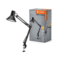 LEDVANCE Office Line: lámpara retro con pinza y brazo largo, en negro, de metal y plástico, regulable sin escalonamientos, con protección IP20, para la Home Office