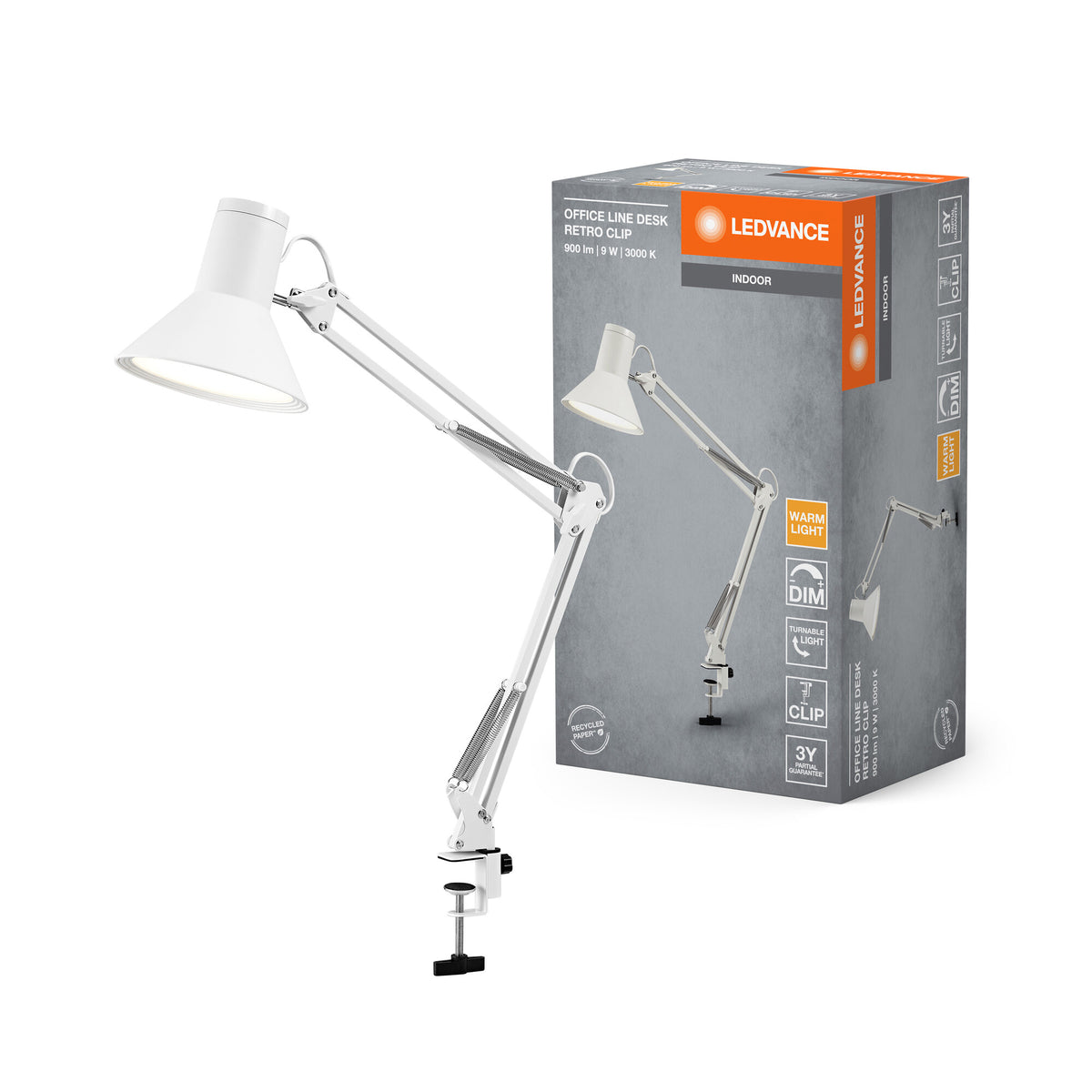 LEDVANCE Office Line: lámpara retro con pinza y brazo largo, en color blanco, de metal y plástico, regulable sin escalonamientos, con protección IP20, para la Home Office
