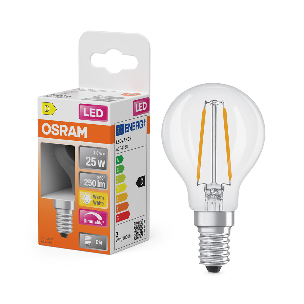 OSRAM LED Retrofit Classic P regulable 1,8 W 827 transparente E14