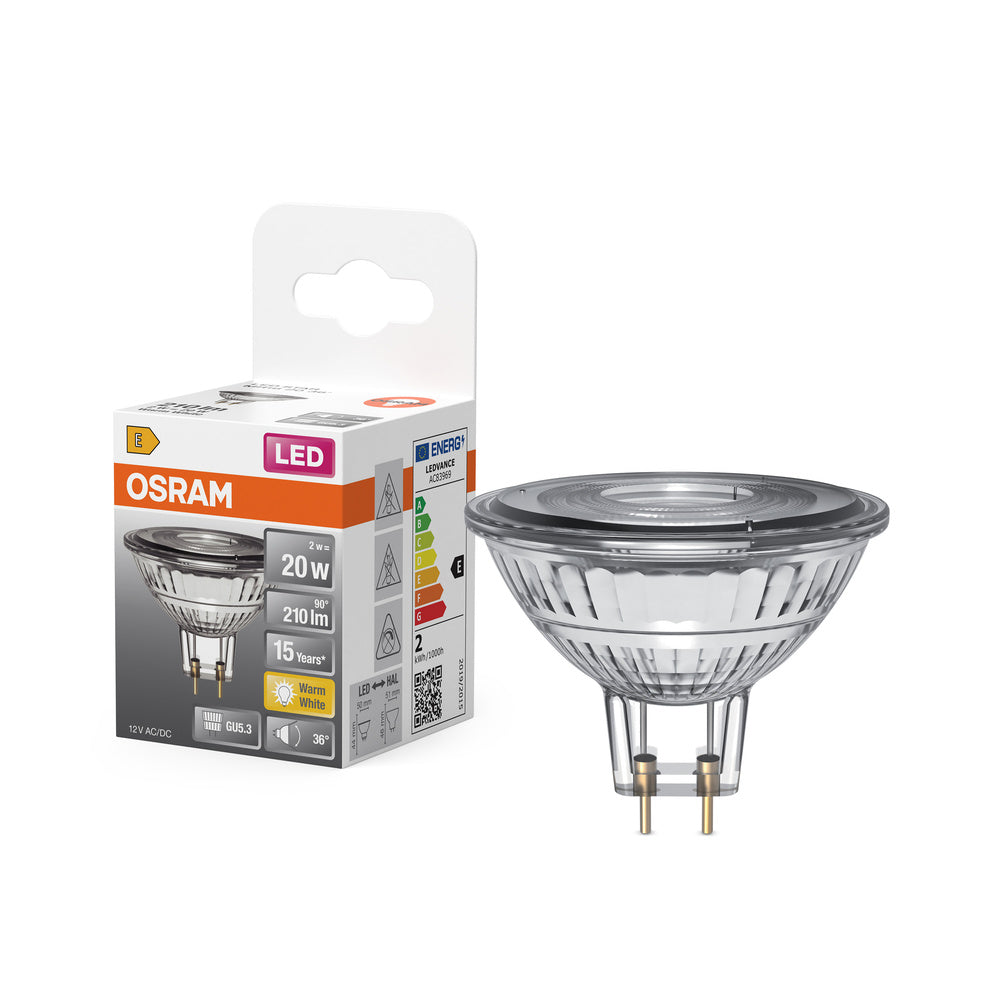 OSRAM MR16 LED Reflektorlampe mit GU5.3 Sockel, Warmweiss (2700K), Glas Spot, 2.6W, Ersatz für 20W-Reflektorlampe, LED STAR MR16 12 V
