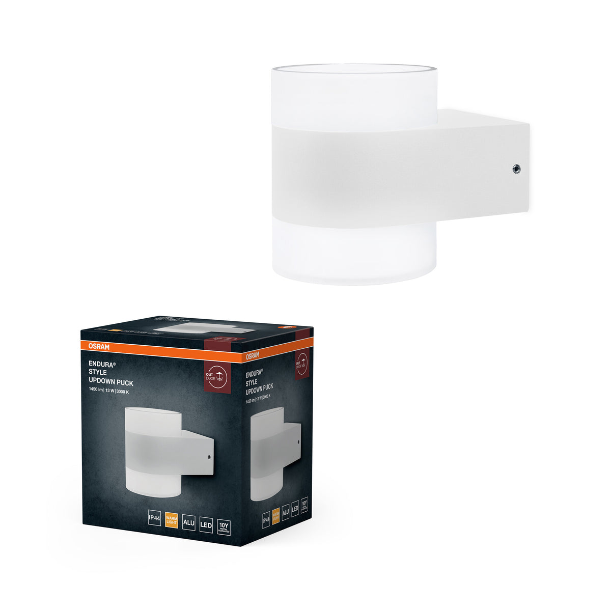 Aplique LED OSRAM UpDown Puck, blanco cálido 3000 K, para exterior, 13 W, luz hacia arriba y hacia abajo, IP44, 980 lm, aluminio fundido a presión, blanco