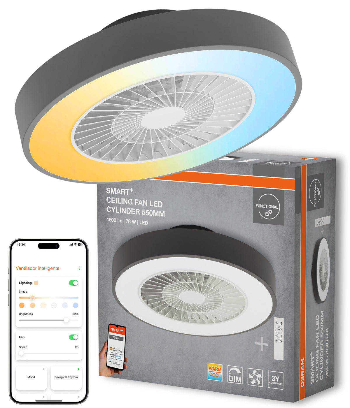 Ventilador de techo OSRAM SMART+ con tecnología WiFi, cilindro de 550 mm + control remoto