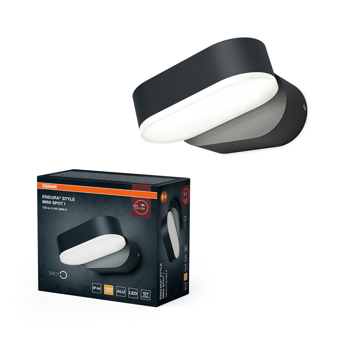 OSRAM ENDURA Style Mini-Spot: aplique LED para exterior, luminoso y funcional, en gris oscuro, con cabezal giratorio de 340°, protección IP44, ideal para iluminar la entrada