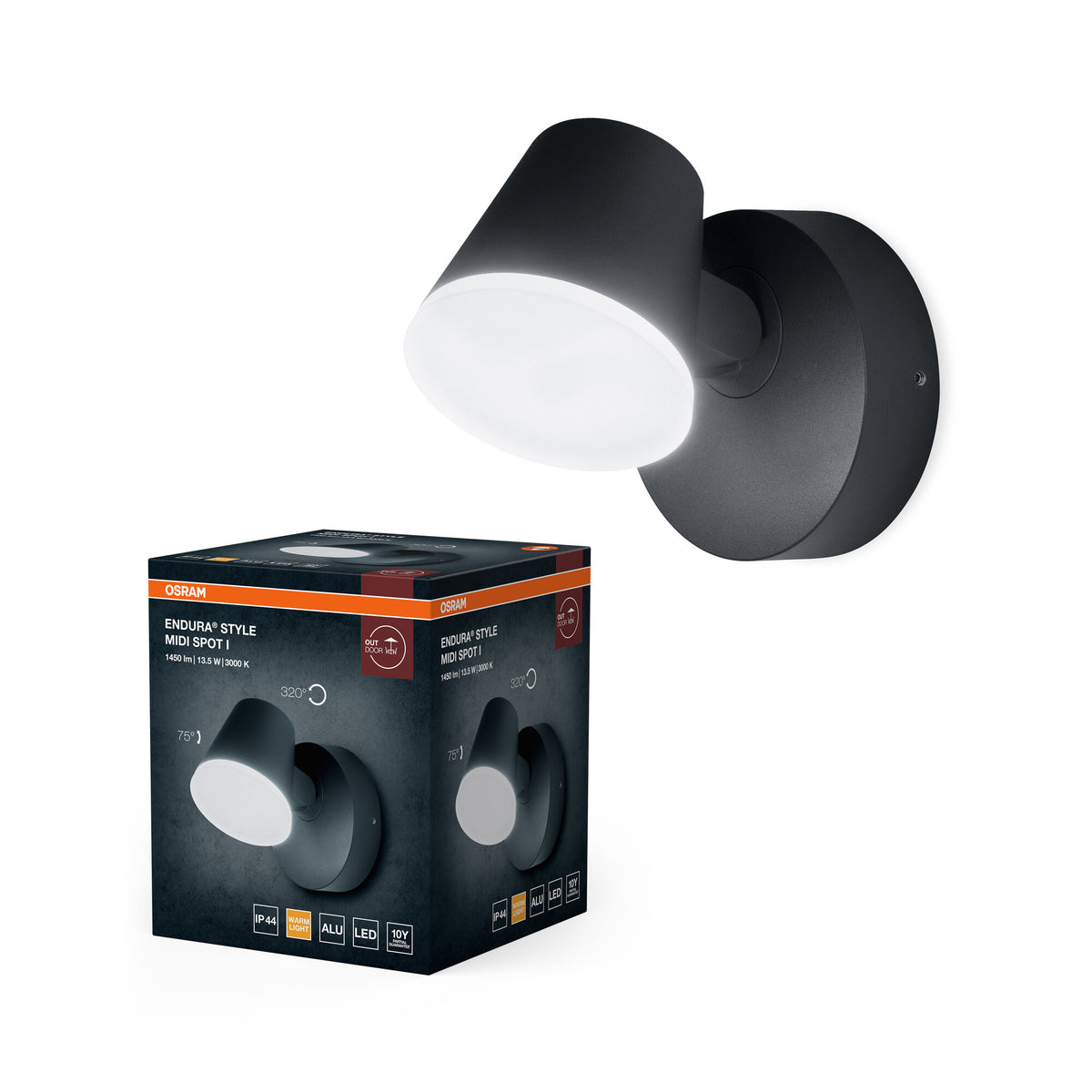 OSRAM Midi LED Spot para exterior, blanco cálido 3000 K, luminaria de exterior, 13,5 W, cabezal giratorio, IP44, 800 lm, aluminio fundido a presión, gris oscuro