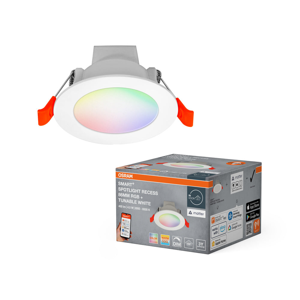 OSRAM Matter SMART+ RECESS DOWNLIGHT Einbaustrahler, Ø 86mm, RGB 4W, Tunable White, 2700…6500 K