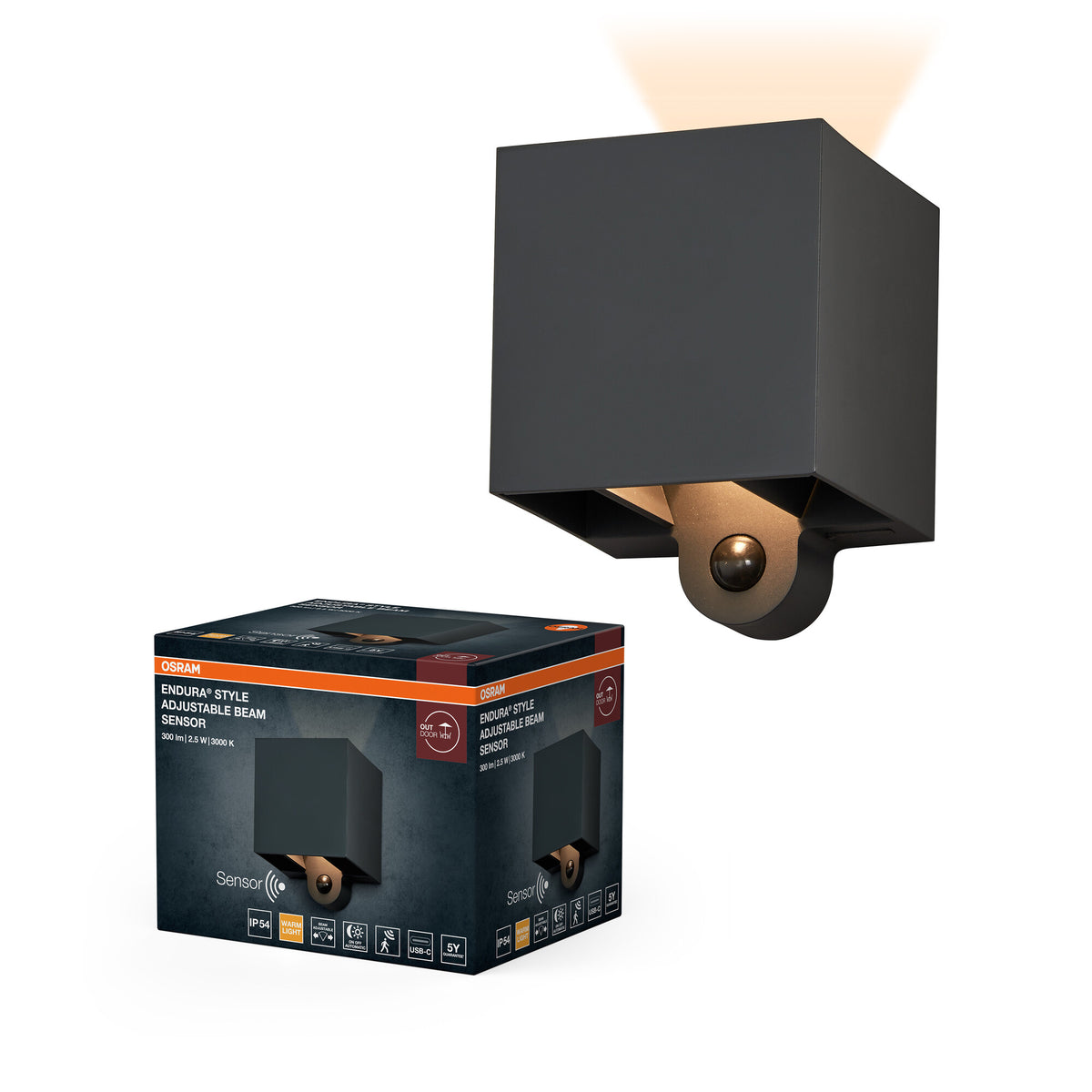 OSRAM ENDURA STYLE ADJ BEAM Iluminación exterior, 2,5 W, 180 lm, gris oscuro, iluminación indirecta, detector de movimiento, sensor de luz natural, clase de protección IP54, temperatura de color de 3.000 K, luz blanca cálida