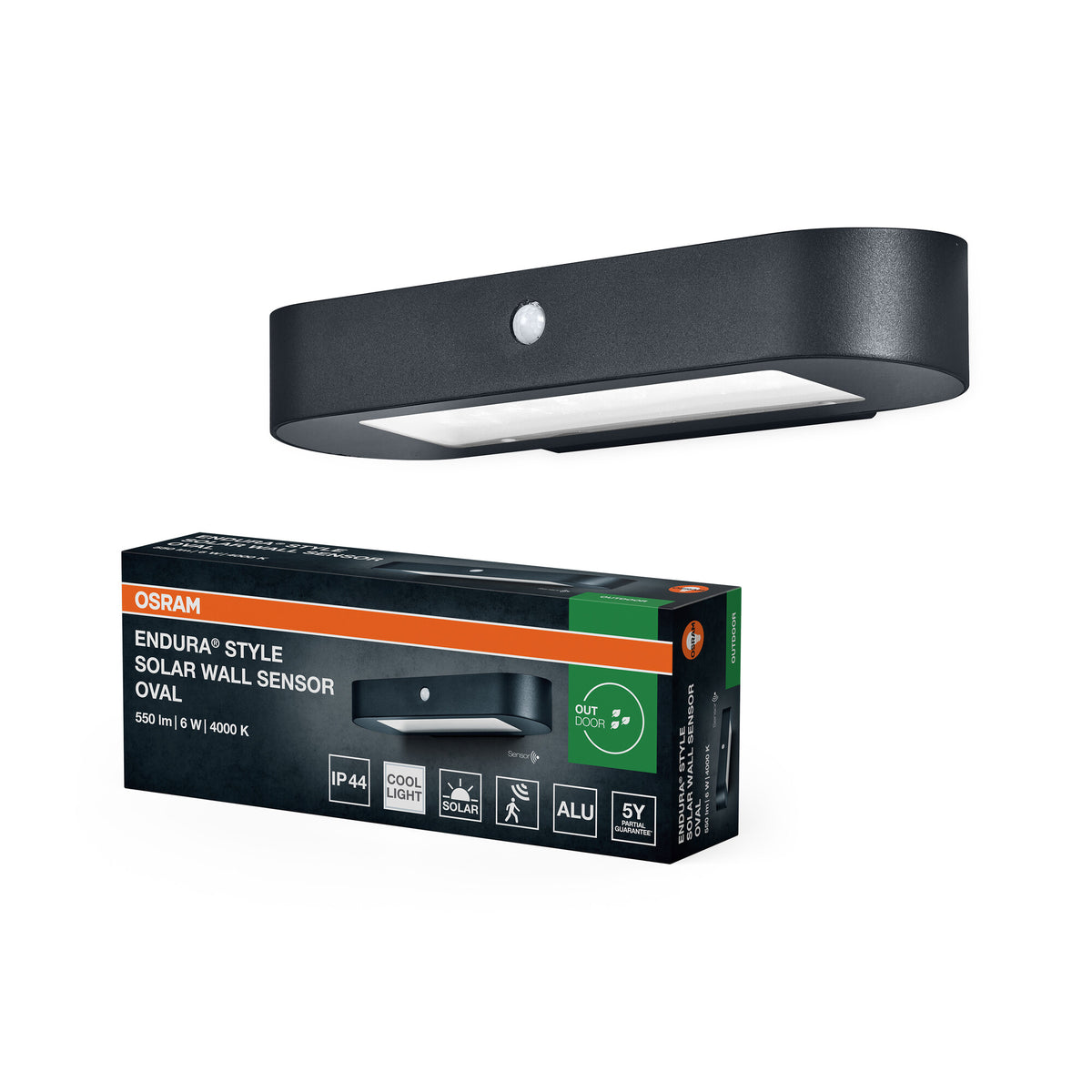 Lámpara de pared solar OSRAM ENDURA Style Oval, luz blanca fría (4000 K), sensor integrado, funciona sin corriente, batería de larga duración: 30 veces 60 segundos en modo PIR, clase de protección IP44, color negro