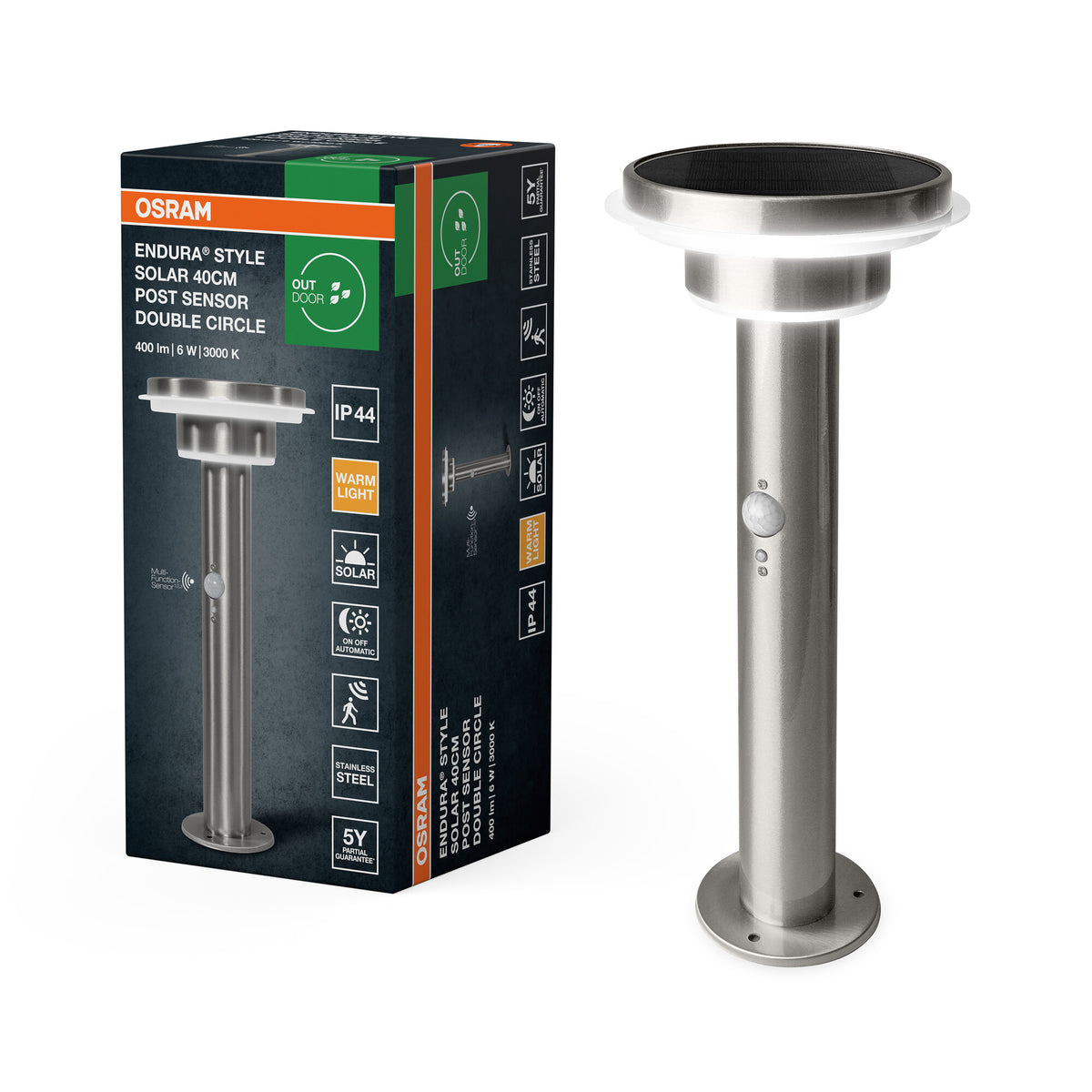 Lámpara de pared exterior LED solar OSRAM ENDURA Style de acero inoxidable, con sensor de movimiento y de luz, 3 modos, IP44, diseño elegante para terraza y jardín