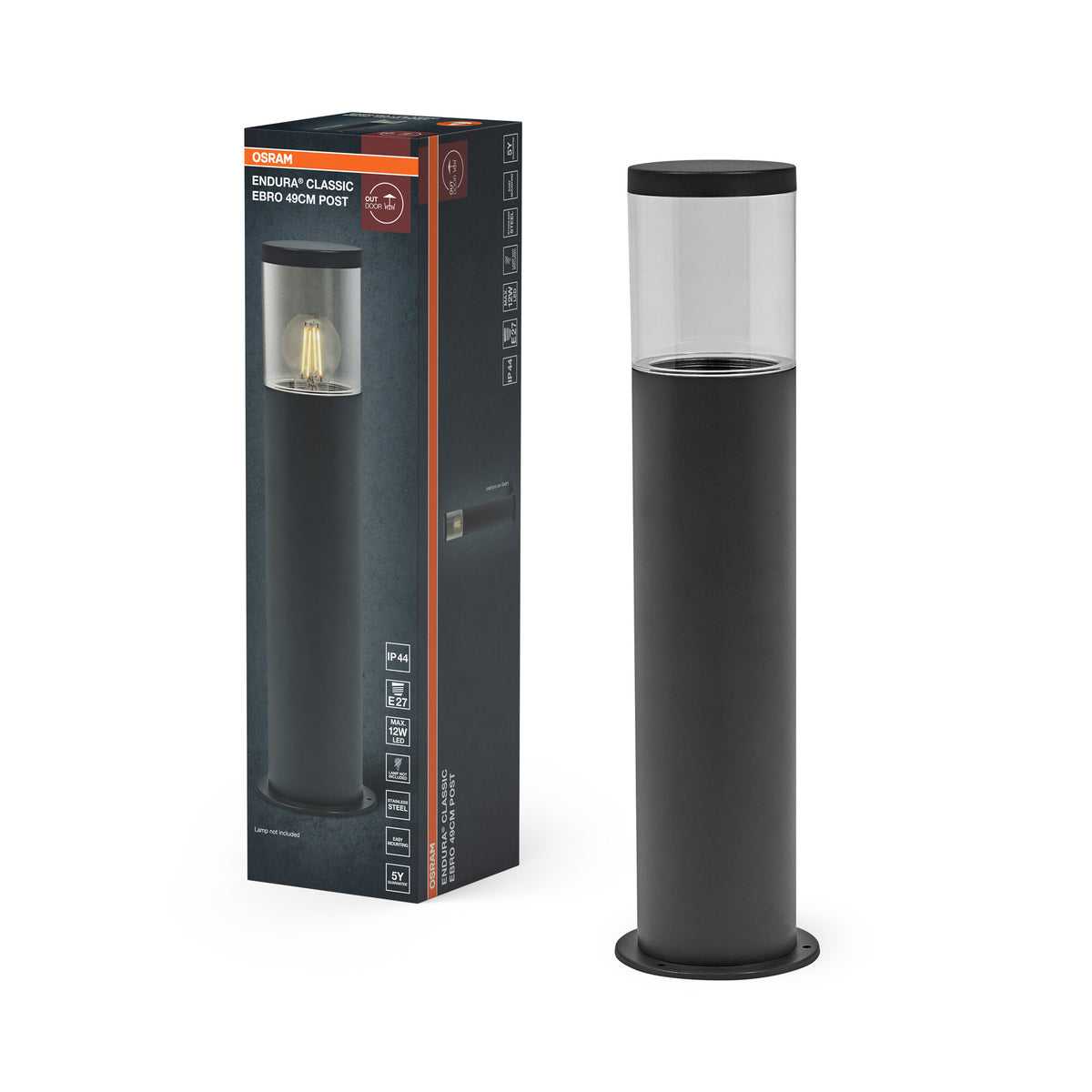 Lámpara de exterior OSRAM ENDURA CLASSIC EBRO, aplique, gris oscuro, 49 cm, acero inoxidable, instalación fácil y rápida, clase de protección IP44, carcasa de acero inoxidable