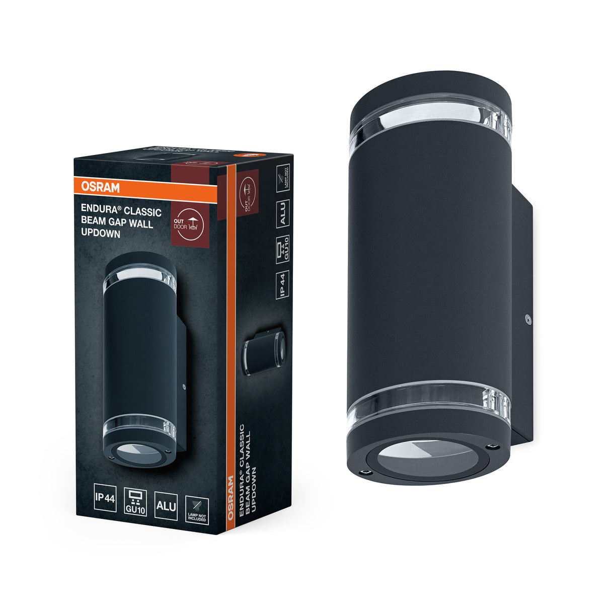 Aplique de exterior OSRAM Up/Down GU10 con anillo Gap, carcasa de aluminio en gris oscuro, protección IP44 e IK03, aplique para fachadas y entradas
