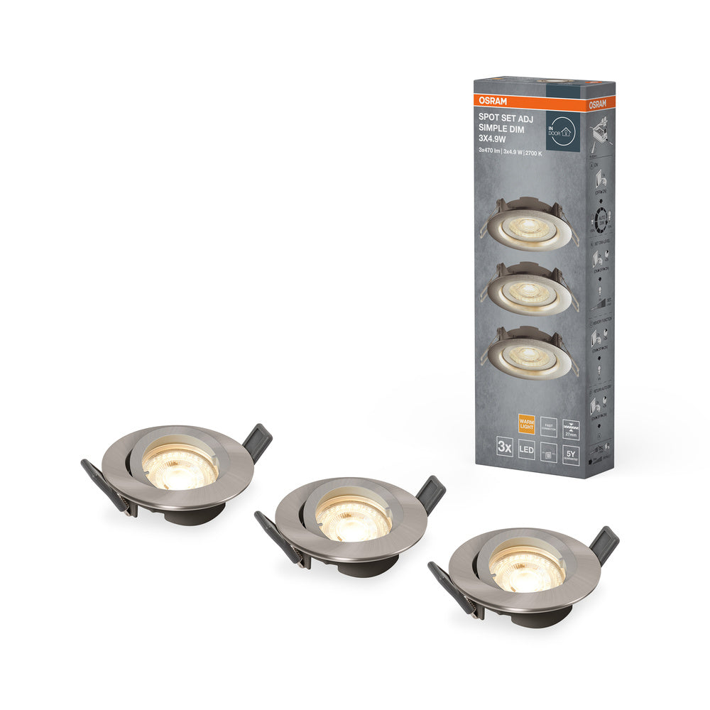 Focos LED empotrables OSRAM, Ø 90 mm, juego de 3, 3 x 5 W, blanco cálido, regulables de forma continua mediante interruptor de pared, gris