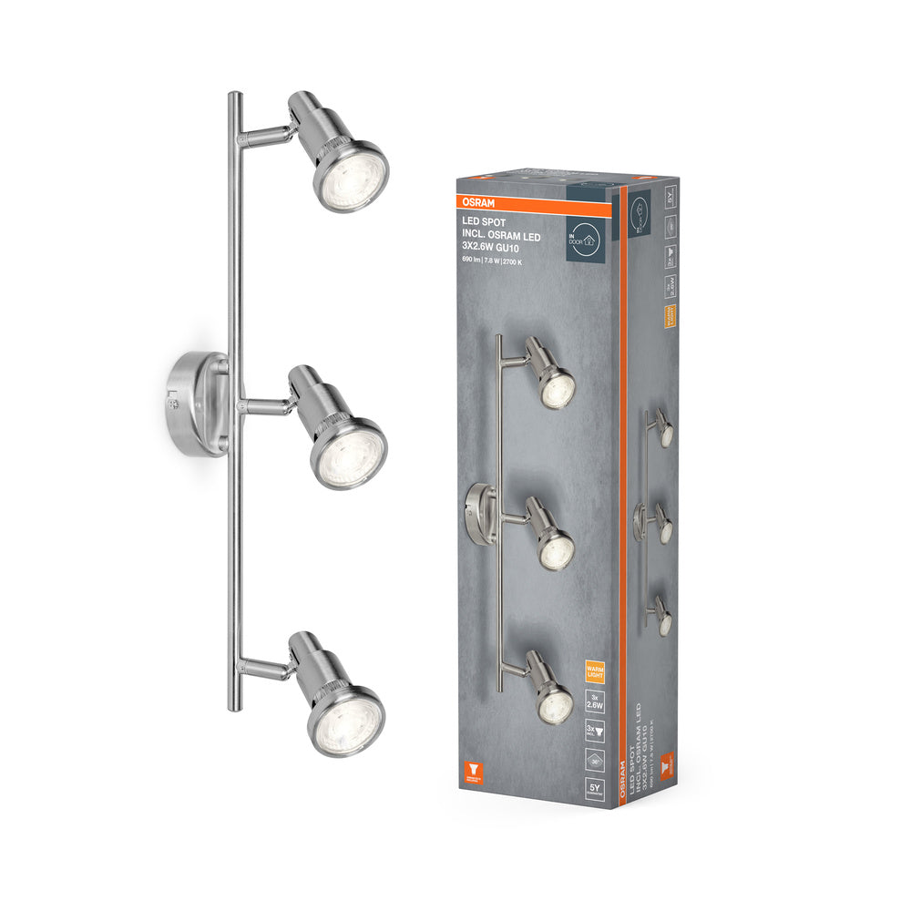 Foco LED OSRAM PLATA CEPILLADA GU10 3 x 2,6 W, 690 lm, 2700 K, blanco cálido