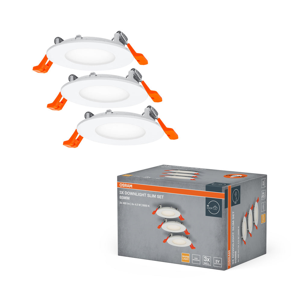 OSRAM Downlight Slim, focos, 3000K, 4,50W, blanco, ⌀85mm, paquete de 3