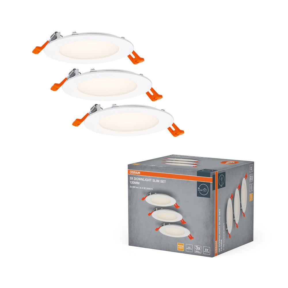 OSRAM Einbaustrahler Weiß, Slim Downlight mit integriertem Treiber, Ø 120 mm, Lichtfarbe warmweiß (3000K), 8W, IP20, 3er-Pack