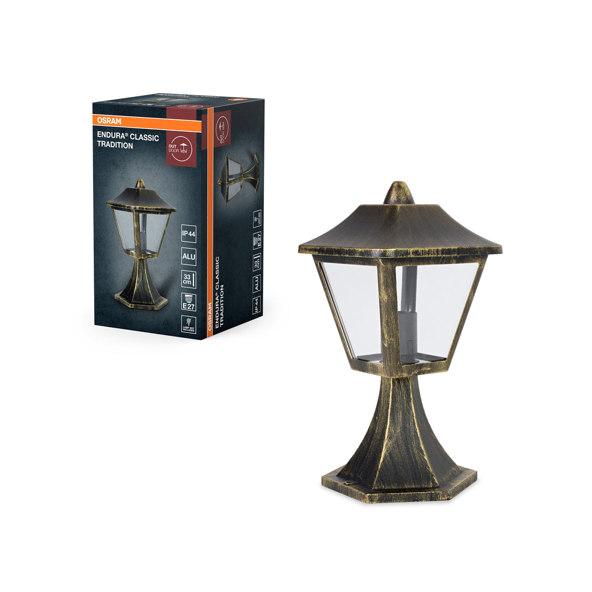 OSRAM ENDURA Classic Lámpara de exterior con carcasa de aluminio, negro y dorado, casquillo E27, IP44, 33 cm de altura, sin bombilla, ideal para exteriores