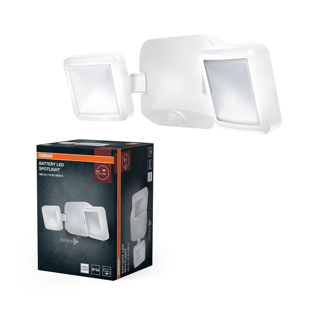 Foco a pilas OSRAM, luz de exterior, blanco, 10 W, 4000 K, IP54, sensor de luz y de movimiento, funciona con pilas, fácil de instalar, 480 lm