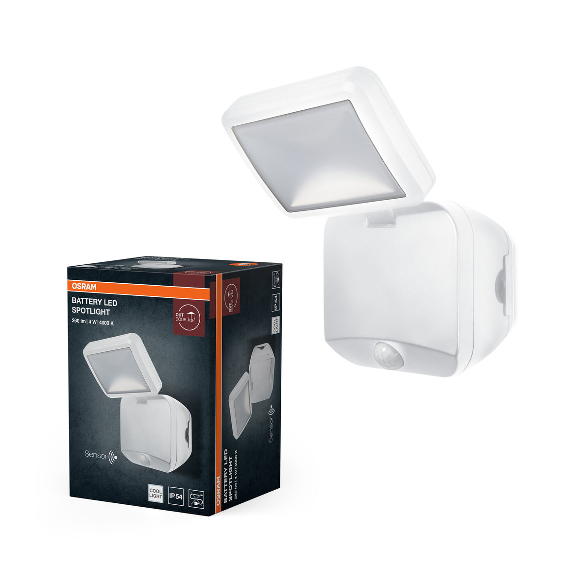 Foco a pilas OSRAM, luz de exterior, blanco, 4 W, 4000 K, IP54, sensor de luz y de movimiento, funciona con pilas, fácil de instalar, 260 lm
