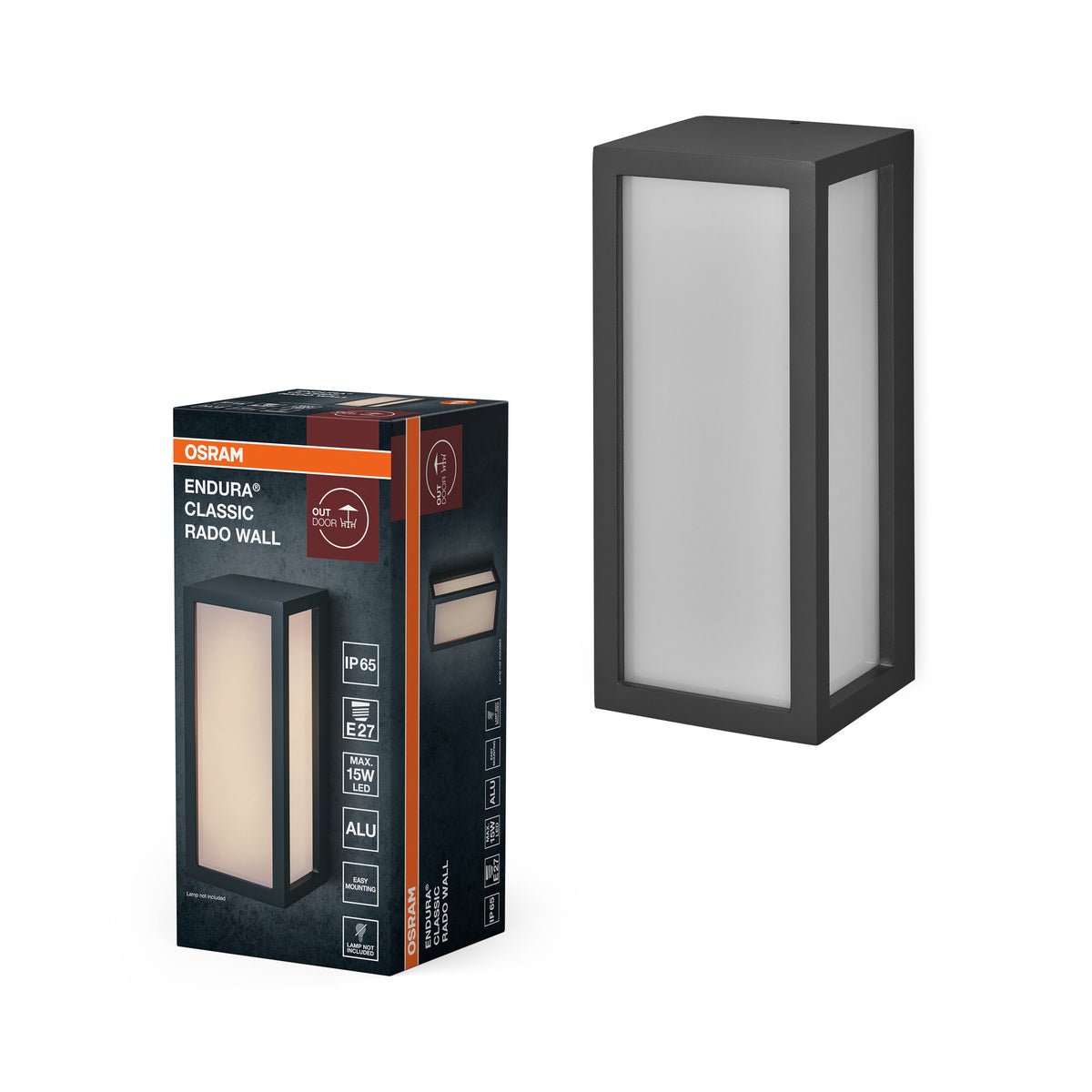 OSRAM ENDURA CLASSIC RADO W Lámpara de exterior, aplique, casquillo E27, gris oscuro, aluminio, instalación rápida y sencilla, difusor mate, clase de protección IP65, uso en exteriores
